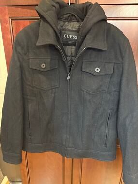 GUESS Mens Large Black Wool Blend Hooded Utility Jacket